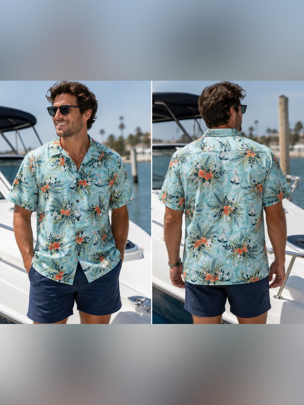 CACTUS Black Label Light Aqua Tropical Floral Short-Sleeve Button-Down Shirt
